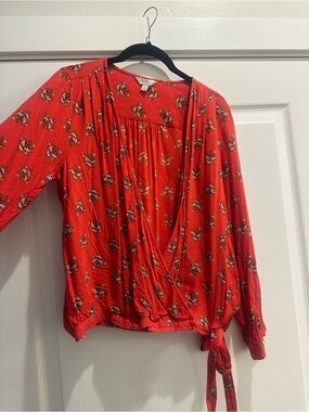 Lucky Brand Red Floral Wrap Blouse